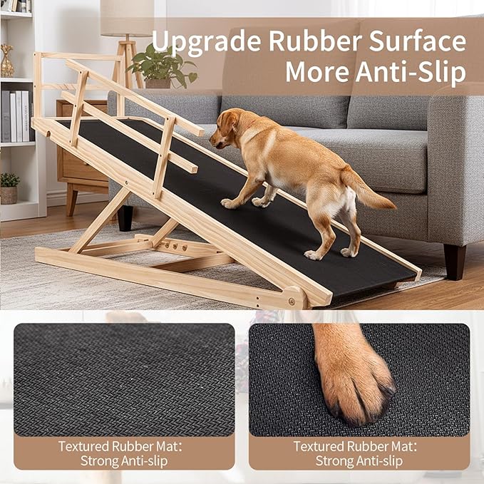 SLSY Dog Ramp for High Bed Couch, Folding Adjustable Pet Ramp with Non-Slip Rubber Mat, 62.9" Long, 5 Adjustable Heights 15.7''–31.4", Portable Step Supports Pets up to 250 lbs for Large Pet(Natural)