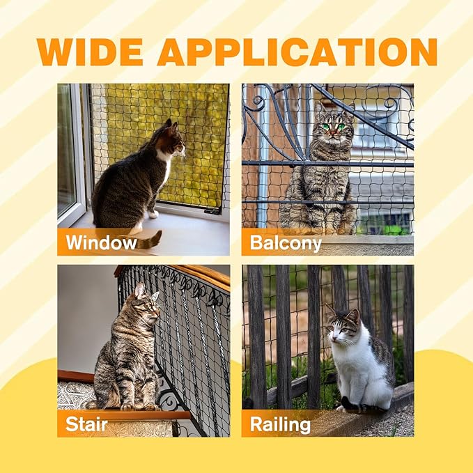 Steel Reinforced Cat Netting for Balcony Anti-Fall Fence Safety Net, Extra Strong Cat Net for Catio Safety Cat Balcony Netting for Pets Cat Proof Screen Pet Net Cat Balcony Protection Barrier10FTx13FT