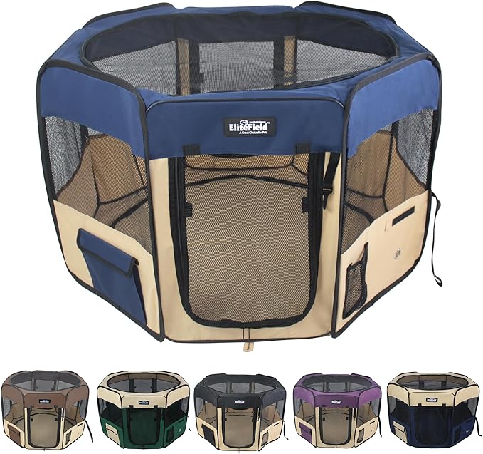 EliteField 2-Door Soft Pet Playpen (2 Year Warranty), Exercise Pen, Multiple Sizes and Colors Available for Dogs, Cats and Other Pets (62" x 62" x 24"H, Navy Blue+Beige)
