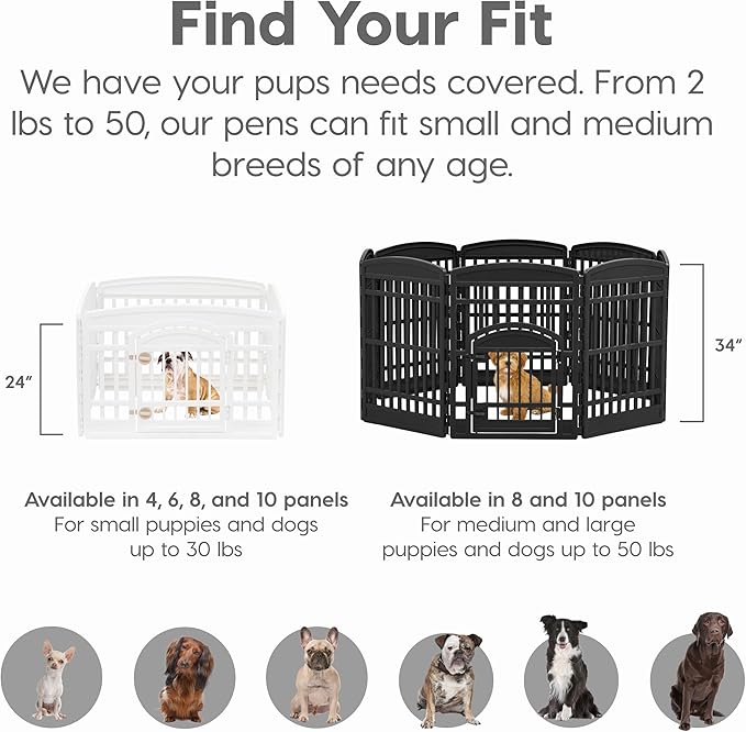 IRIS USA 24" 6-Panel Pet Dog Puppy Playpen with Door, for Puppy Small Dogs Keep Pets Secure Easy Assemble Easy Storing Customizable Non-Skid Rubber Feet, Foldable, Black