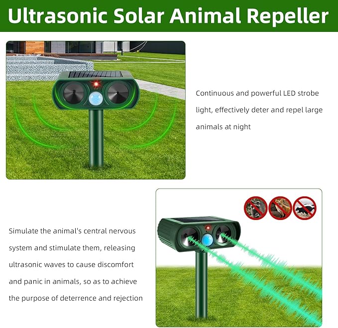 4 Pack Solar Ultrasonic Animal Repeller Outdoor Motion Activated Cat Deterrent & Deer Repellent Devices for Yard Garden IP65 Waterproof Ultrasonic Pest Repeller for Squirrel Raccoon Dog Skunk Rabbit