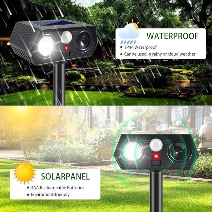 2025 Solar Ultrasonic Animal Repellent Sonic Fortress Pro Deer Repellent Rabbit Repeller Raccoon Squirrel Deterrent with Flash Light Motion Sensor to Keep Cat Dog Fox Skunk Out of Garden Yard(4Pack)