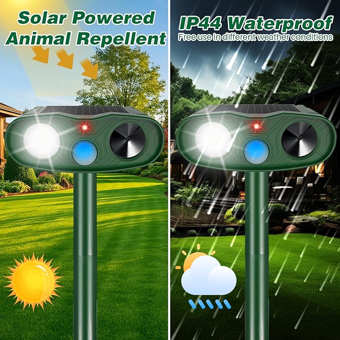 2Pack 2026 Solar Ultrasonic Animal Repellent Outdoor Cat Repellent Devices with Motion Detection&Flash Light Squirrel Rabbit Dog Cat Deterrent,Keep Rodent Chipmunk Raccoon Deer Away for Yard Garden