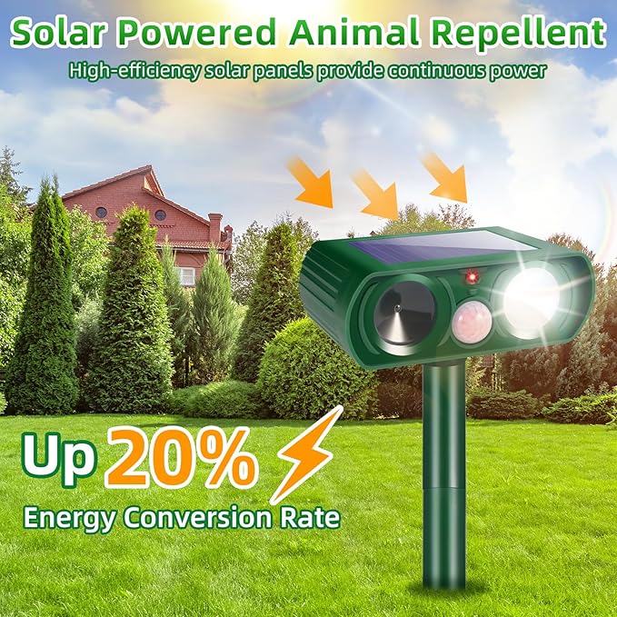 2026 Upgraded Solar Ultrasonic Animal Repellent Cat Deterrent Outdoor Deer Repellent Devices Motion Detection Strobe Light,Waterproof Squirrel Skunk Raccoon Dog Rabbit Deterrent for Garden Yard,4 Pack