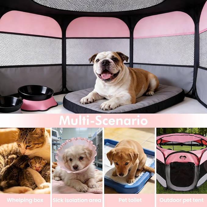 Dog Cat Playpen，Pet Cage - Indoor Outdoor, Portable Foldable Pop Up, Removable Zipper Top，Fits Dogs, Cats, Rabbits (Pink,M)