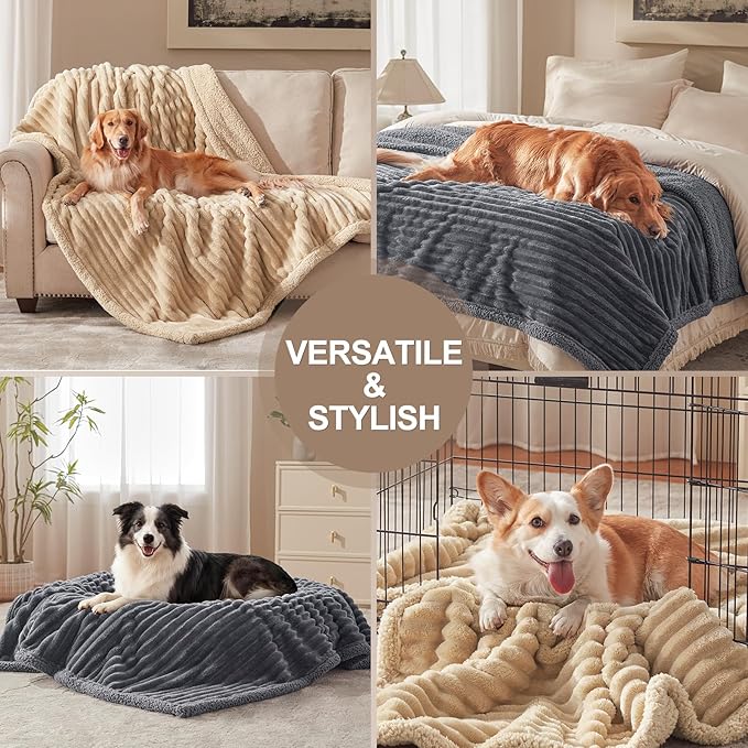 Waterproof Dog Blanket for Large Dogs, Washable Soft Puppy Cat Blanket Flannel Cotton Velour for Sofa Couch Protector, Comfort & Security Reversible Bed Protection for Pet, 50"X60", Khaki