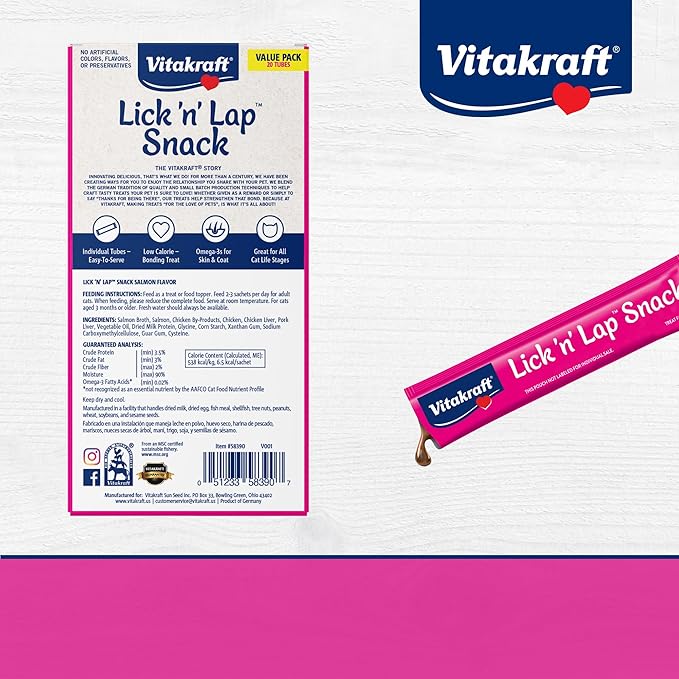Vitakraft Lick 'n' Lap Snack Creamy, Cat Treat with Real Salmon, 44 Count