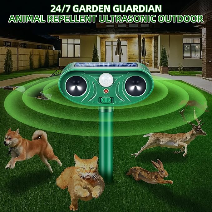 2026 Solar Animal Repellent Outdoor&Cat Repellent Outdoor with Motion Deer Repellent Devices Ultrasonic Cat Deterrent Fox Raccoon Squirrel Rabbit Coyote Deterrent for Farm Orchard Garden 4 PCS