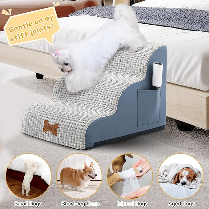 POCBLUE Dog Stairs for Small Dogs 22.4" H, 5-Step Wide Pet Step for High Bed or Couch, Curved Pet Ramps for Cats with High-Density Foam and Washable Cover, Grey
