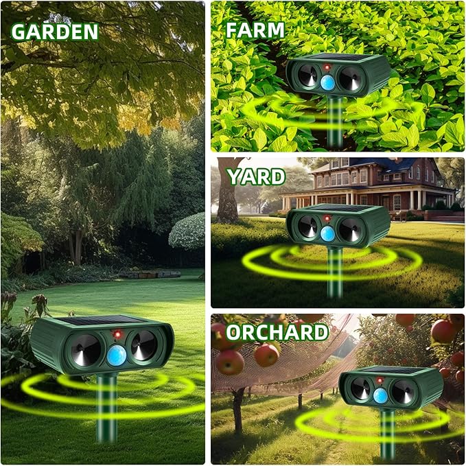 4 Pack Solar Ultrasonic Animal Repeller Outdoor Motion Activated Cat Deterrent & Deer Repellent Devices for Yard Garden IP65 Waterproof Ultrasonic Pest Repeller for Squirrel Raccoon Dog Skunk Rabbit
