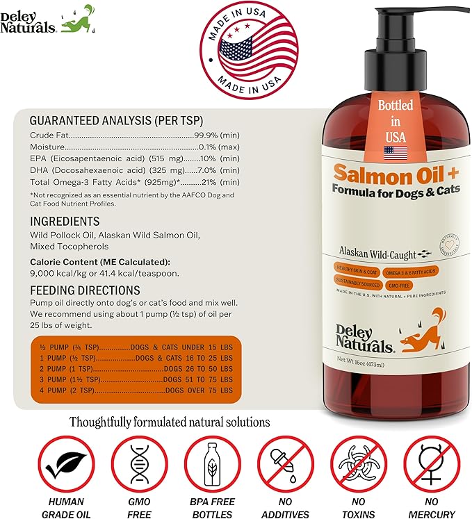 Deley Naturals Wild Alaskan Salmon Oil for Dogs & Cats - New and Improved Salmon Oil Plus Formula - Fish Oil for Dogs with Omega 3, DHA and EPA - Omega 3 for Healthy Skin and Coat - 16oz Made in USA
