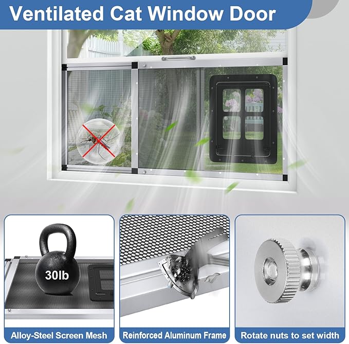 Ventilated Pet Door for Window 32"-38" Wide Adjustable, Silver Aluminum Frame + Stainless Steel Mesh | Breathable Bug-Proof | 4-Way Lock Magnetic Closure Cat Window Door,Cat Door for Window Insert