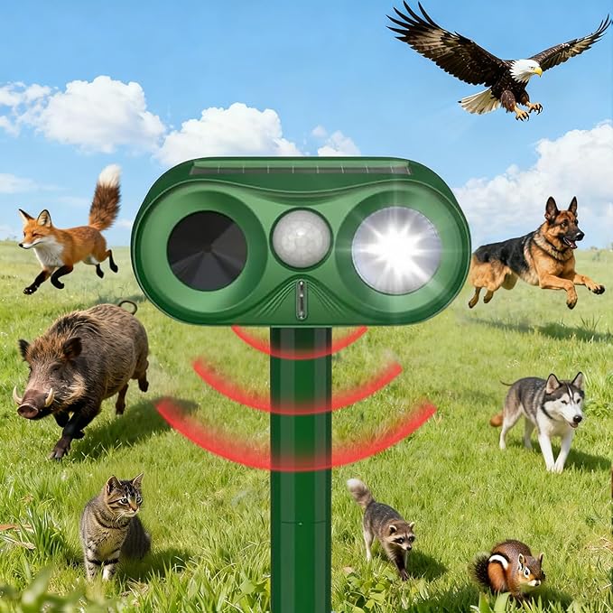 Upgraded Ultrasonic Animal Repeller,Solar Powered Cat Repellent Outdoor,Deer Deterrent with LED Flashing Motion,Sensor and Sound,Waterproof Bird Repeller for Dog Fox Garden Patio Dark-Green