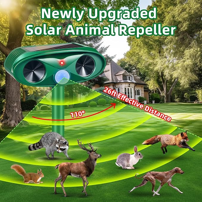 2 Pack 2025 Solar Ultrasonic Animal Repellent Outdoor,Sonic Fortress Pro Deer Repellent Motion Detection,Waterproof Squirrel Mouse Raccoon Dog Cat Rabbit Repellent Deterrent for Garden Yard