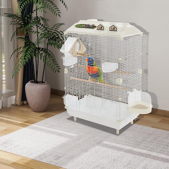 Two-Tier Bird Cage, 30 Inch Pigeons Parrot Birdcage with Safe Rotary Door Lock, White Parakeet Cage for Small to Medium Birds, Easy Access Double Doors. (D)
