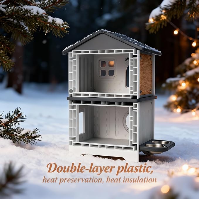 Outdoor Cat House with Insulated Liner, Weatherproof for Feral Multi Cat, 2 Story Plastic Elevated Cat Shelter with Escape Door, Scratching Post, Stainless Steel Bowl, Green 35" D x 15" W x 20" H
