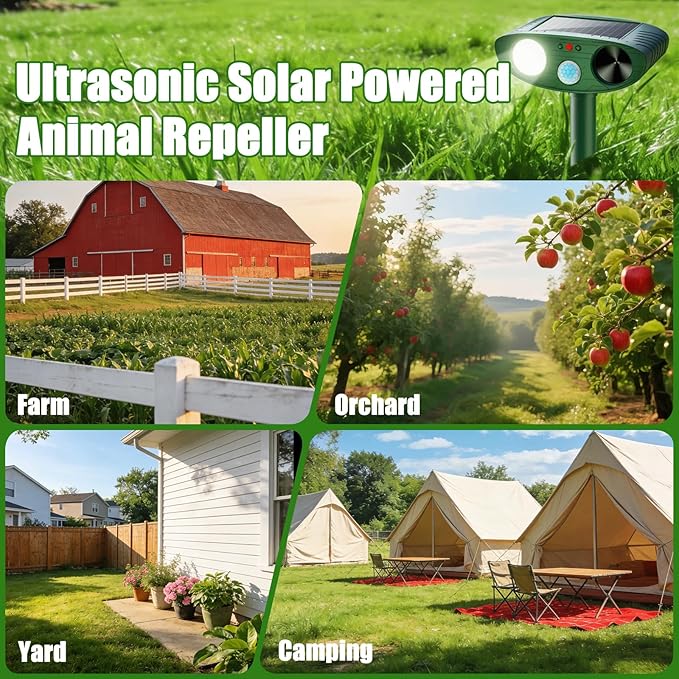 2026 Upgraded Ultrasonic Solar Animal Repellent Outdoor, Deer Repellent Devices Squirrel Cat Raccoon Rabbit Dog Deterrent with Motion Sensor Flash Light for Yard Garden Lawn (2)