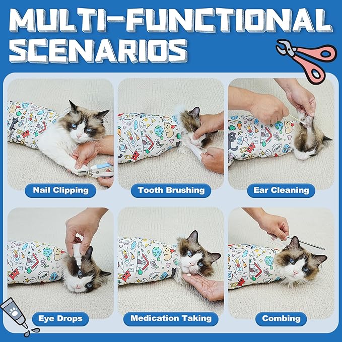 Supet Cat Grooming Wrap for Cutting Nails, 2026 Self-Adherent Anti-Escape Calming Cat Swaddle Wrap for Medicine, Nail Clipping, Teeth Brushing, Ear Cleaning (Cartoon, M)