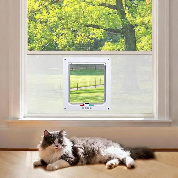 Cat Door for Window, Fits 14"-24" Width Window, Cat Window Door with 4 Locking Modes, Weatherproof Window Cat Door Insert, Magnetic Closure, Easy Installation, Frosted Plexiglass