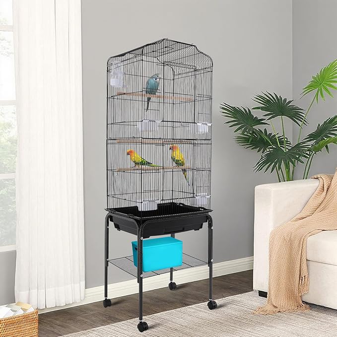 Large Rolling Bird Cage with Stand & Storage Shelf, 4-Tier Stackable Parrot Aviary for Cockatiels, Parakeets & Finches, Metal Birdcage with Slide-Out Tray, Feeding Bowls & Wheels (Black)