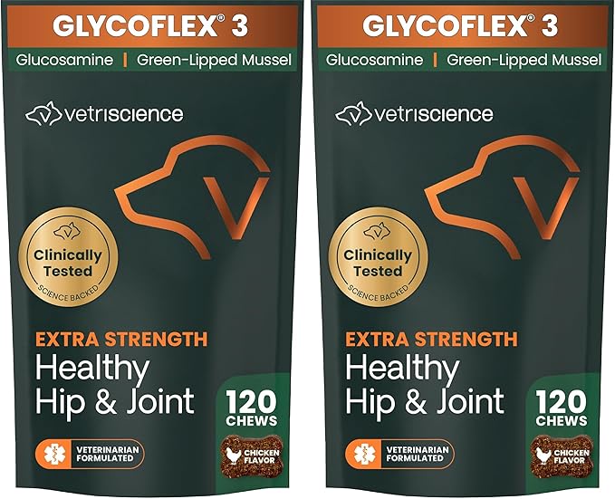 VetriScience Extra Strength Healthy Hip & Joint Chews, GlycoFlex 3, Glucosamine, Green-Lipped Mussel, Joint Support Supplement for Dogs, Promote Mobility & Soothe Joint Discomfort, Chicken, 120 Count