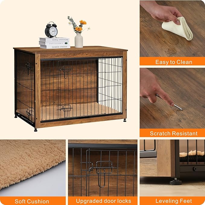 DWANTON Dog Crate Furniture with Cushion, Wooden Kennel Table with Double Doors, Indoor Dog House, Large Size, 38.5" L, Warm Brown
