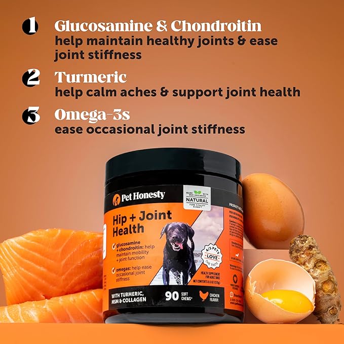 Pet Honesty Hip & Joint Health Soft Chews for Dogs, Joint Supplement with Glucosamine Chondroitin, MSM, Turmeric, Joint Support + Mobility, May Reduce Occasional Discomfort (Chicken 180 Count)