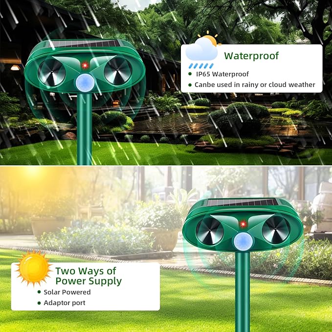 2 Pack 2025 Solar Ultrasonic Animal Repellent Cat Repellent Outdoor,Sonic Fortress Pro Deer Repellent Motion Detection,Waterproof Squirrel Mouse Raccoon Dog Rabbit Deterrent for Garden Yard