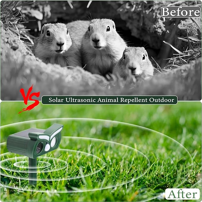 2pcs Solar Ultrasonic Animal Repellent Outdoor,Deer Repellent,Squirrel Repellent,Mouse Repellent,Cat Repellent Outdoor,Devices Motion Detection Waterproof with LED Flash Lights for Yard Farm Garden