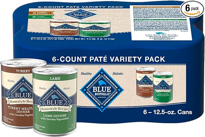 Blue Buffalo Homestyle Recipe Adult Wet Dog Food, Made with Natural Ingredients, Turkey and Lamb Dinner Variety Pack, 12.5-oz Cans (6 Count, 3 of Each)