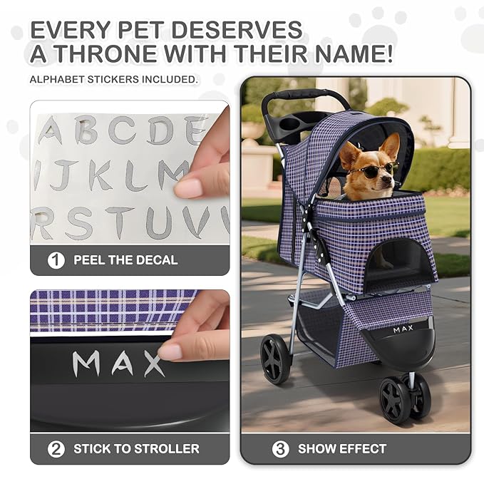 MoNiBloom 3 Wheels Pet Dog Cat Stroller for Small Medium Dogs Cats, Lightweight Foldable Jogger Stroller w/Storage Basket and Cup Holder, Plaid