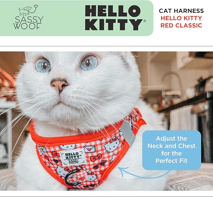 Sassy Woof Cat Step-in Harness - Hello Kitty® Red Classic - M, Breathable Mesh, No Pull Design with Two D-Rings, Perfect for Medium Cats - Officially Licensed