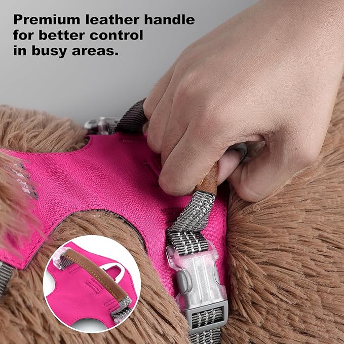 No Pull Dog Harness – Adjustable Reflective Nylon Vest for Small Medium Large Dogs, Escape Proof Training Harness with Leather Control Handle, Lightweight Aluminum Hardware (Hot Pink, S)