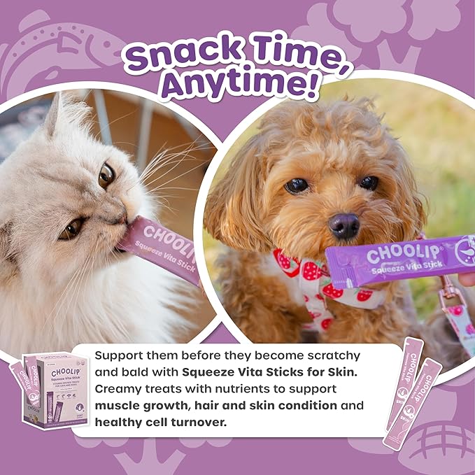 Choolip Squeeze Vita Stick Lickable Cat and Dog Treats, 49-Count Skin and Coat Variety Pack, Salmon and Pollack with Omega-3, Biotin and Vitamin E