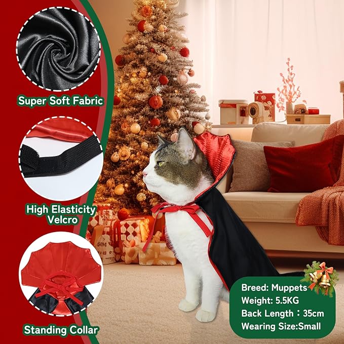 ROSAUI Halloween Pet Vampire Cape – Adjustable Red & Black Costume for Cats & Small Dogs 15.74″ Spooky Cloak with Stand-Up Collar Funny Halloween Pet Outfit (S Size)