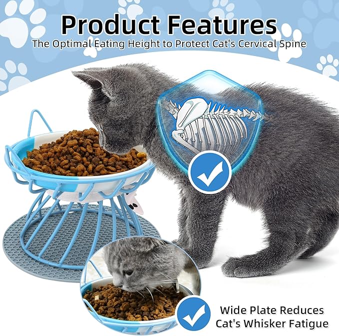 4 Pcs Elevated Pet Food Bowls, Ceramic Cat Plate with Stand Raised Cat Bowl for Indoor Pet, Food and Water Dishes Puppies, with Non-Slip Mat, Whisker Friendly, Dishwasher Safe