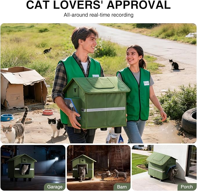 Outdoor Cat House for Outside with Elevated Base Cat-Attracting Eave Design and Cat Toys Feral Stray Shelter Weatherproof in Garage Yard Porch (Dual Camera Ports)