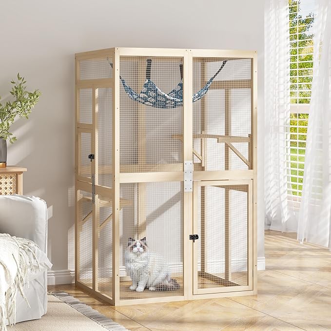 COZIWOW Upgraded Outdoor Cat Catio with Window Access & Jumping Platforms, Weatherproof Wooden Cat Enclosure for Patio/Garden/Backyard (Wood, 2 Platforms + Hammock, Supports 44lbs)