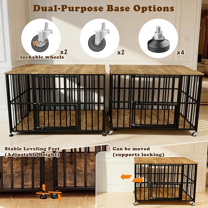 43" Dog Crate Furniture Foldable, Large Dog Kennel Furniture with Swing-Out Bowl & Dual Base Sets (Feet+Wheel), No Assembly Foldable Dog Crate Furniture, End Table for Large Dogs, Rustic Brown