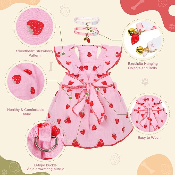 2-Piecs Cotton Detachable Pet Cat Dog Collar with Strawberry Pendant and Bell + 1-Piece Small Dog Cat Dress, Girl's Cat Costume, Cute Bow-Decorated Outfit, Strawberry Print Pet Birthday Set (Large)