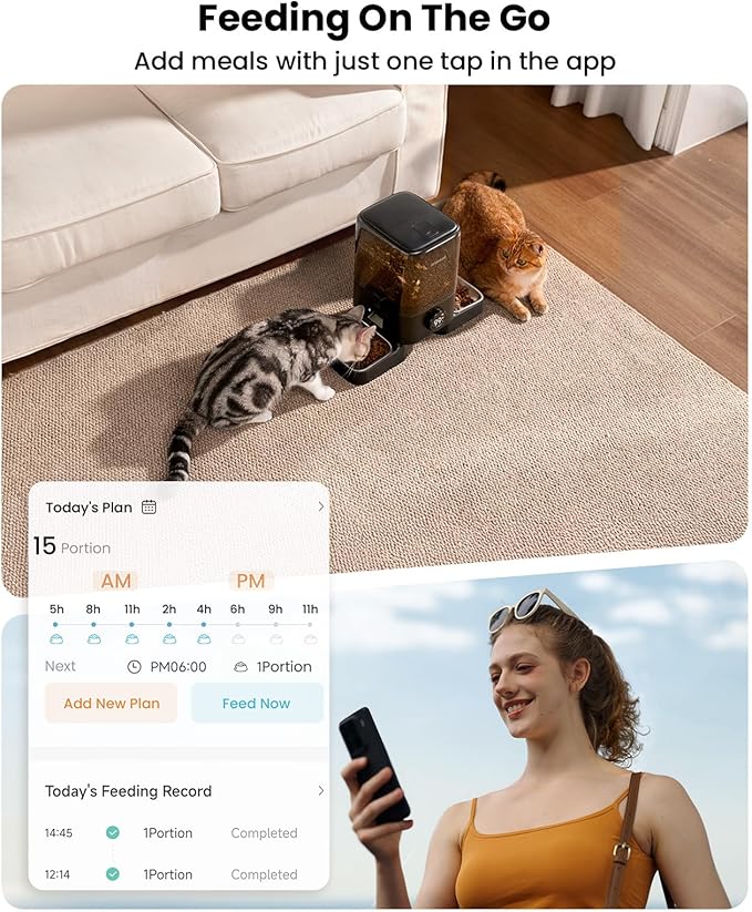 oneisall Cordless WiFi Automatic Cat Feeder for 2 Cats, Rechargeable 100-Day Battery Operated Auto Cat Feeder, 20 Cups/5L Timed Cats Food Dispenser Automatic for Large Kibble, Smart App Control