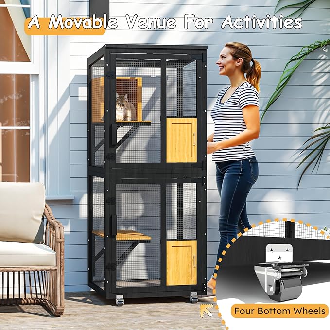 4 Tiers Catio Outdoor Cat Enclosure, Indoor Cats House with 4 Wheels, Cat Enclosure Window Access with Removable Floor, Upgraded Resting Box, Waterproof Roof, Wooden Indoor Pet Cage, Black