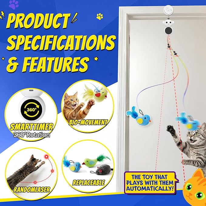 Interactive Cat Toys for Indoor Cats - 2 in 1 Automatic Cat Toy with Flying Bird，Smart Moving Wand Toy with 2 Modes, Auto On/Off Hanging Safe Toys for Bored Kitten & Adult Cats (Green)