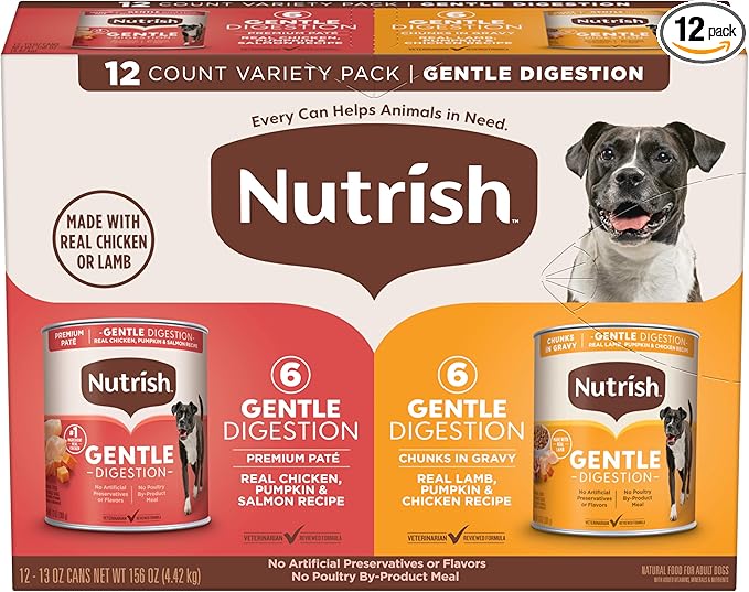Nutrish Gentle Digestion Premium Paté and Chunks in Gravy Variety Pack Wet Dog Food, 13 oz. Can, 12 Count (Rachael Ray)
