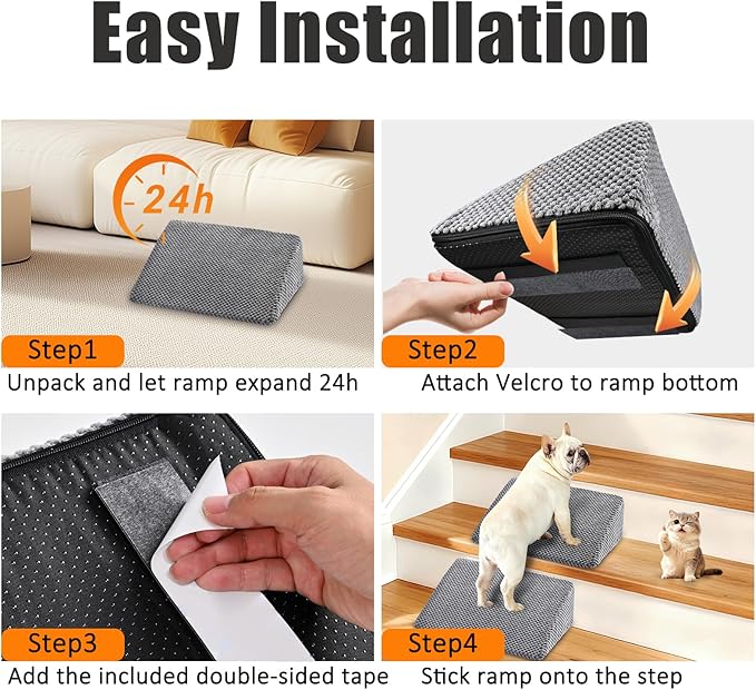 Dog Ramp for Stairs for Small & Senior Dogs and Cats – Non-Slip Stair Wedges for Dogs with Gentle Slope, Pet Ramp with Washable Cover & Self-Sticky Pads for Safe Climbing (Gray, 2 Pack)
