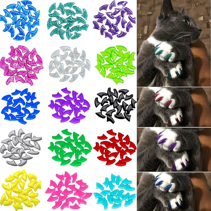 VICTHY 160pcs(16 Colors) Cat Nail Caps Cat Claw Caps Cat Nail Covers with Adhesives and Applicators (Extra Small)