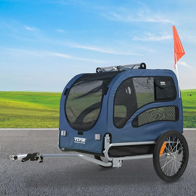 VEVOR Dog Bike Trailer, Supports up to 100 lbs, Pet Cart Bicycle Carrier, Easy Folding Frame with Quick Release Wheels, Universal Bicycle Coupler, Reflectors, Flag, Collapsible to Store