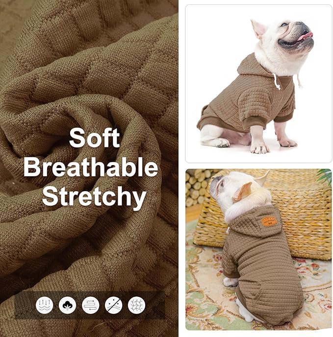 BEAUTYZOO Small Dog Hoodie Sweater with Pockets, Dog Clothes for Small Medium Dogs Boy Girl, Waffle-Like Laminated Cotton Pet Coats with Hat and Leash Hole, Khaki XS