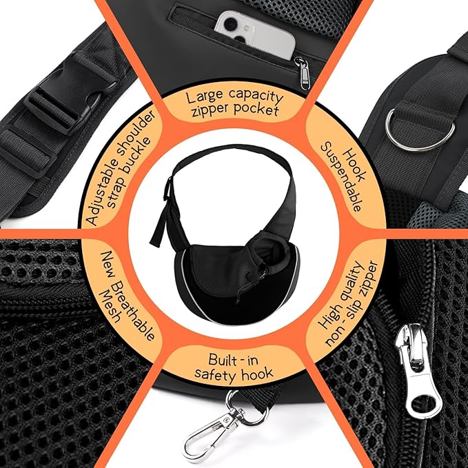 YUDODO Pet Sling Carrier for 5-9 lbs Small Dogs & Cats – Hands-Free Puppy Carrier with Safety Hook, Large Zipper Pocket, Soft Breathable Mesh, Adjustable Strap & Reflective Strip (Black 2.0 M)