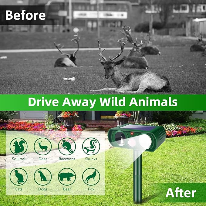 Upgraded Solar Ultrasonic Animal Repellent Outdoor Deer Repellent Cat Deterrent with Motion Sensor Flash Light for Possum Skunk Rodent Squirrel Raccoon IP65 Waterproof Repeller for Yard Garden,4 Pack